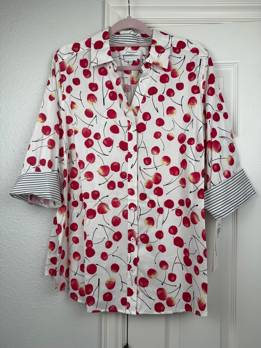 Foxcroft NYC NWT Cherry Print Wrinkle Free Button Blouse Plus 16W Shaped 2